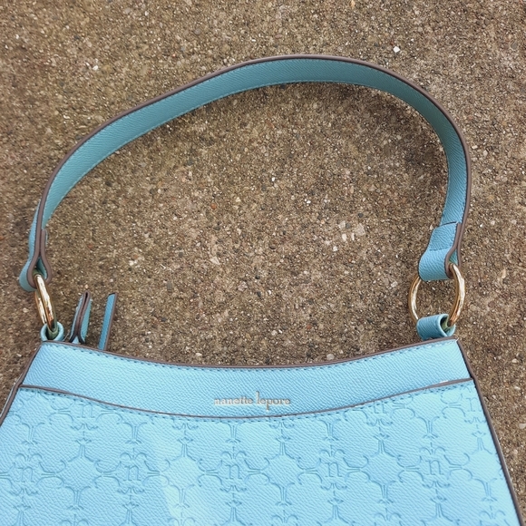 NWOT Nanette Lepore Barri Baguette Baby Blue Embossed Logo Faux Leather Mini Bag - Picture 4 of 14